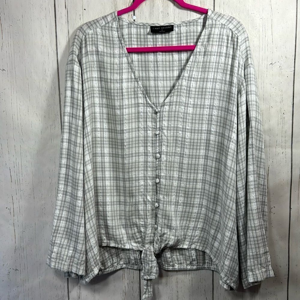 Lane Bryant Plaid V Neck Button Front Tie Front Gray Silver Long Sleeves Blouse